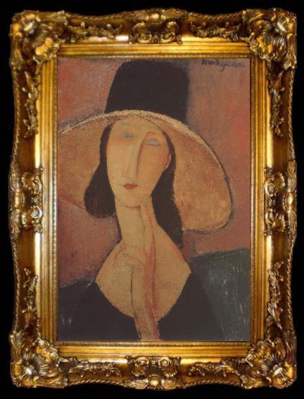 framed  Amedeo Modigliani Portrait of Jeanne hebuterne iwth large hat, ta009-2